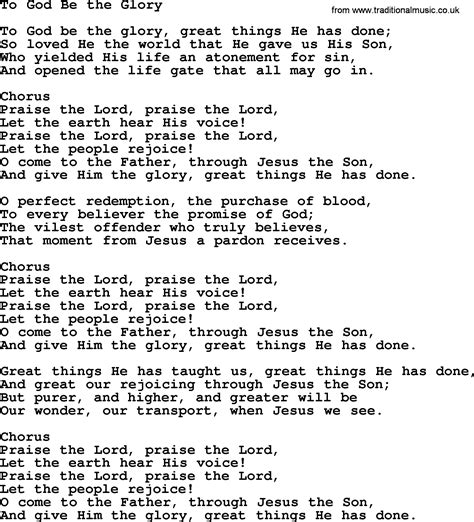 Baptist Hymnal Christian Song To God Be The Glory Lyrics With Pdf