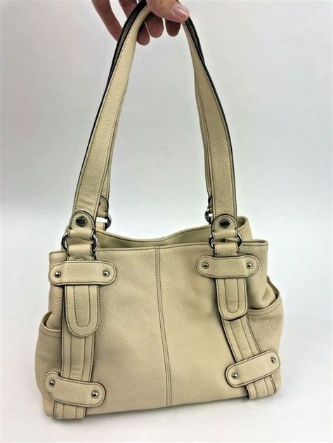 Tignanello Handbag Purse Satchel Tan Cream Leather Double Strap