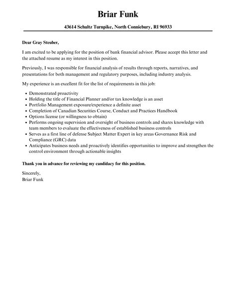 Bank Financial Advisor Cover Letter Velvet Jobs