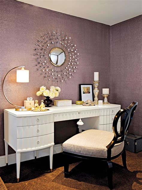 A simple table with a mirror and a softly finished quilted. 18 Stunning Bedroom Vanity Ideas