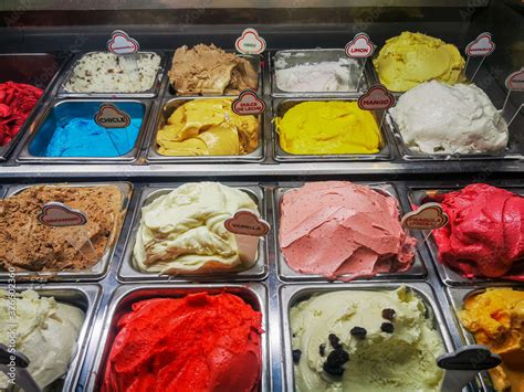 Various Italian Gelato Ice Cream Flavours In Modern Shop Display