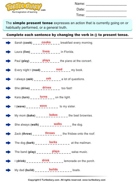 Simple Verb Tense Worksheet