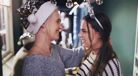 Christmas Party Dance And Lesbian Couple In Home For Festive