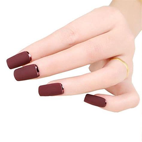 Brown Red Fake Nails Matte Metal Manicure French Long Design Full Cover