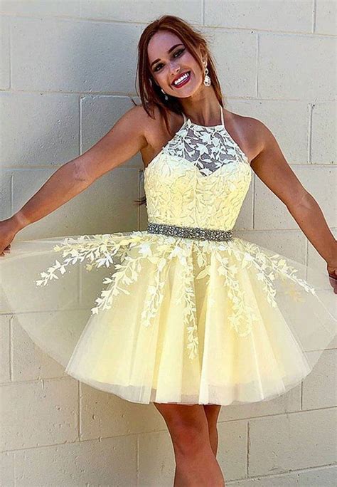 Yellow Tulle Lace Short Prom Dress Party Dress Homecoming Dresses Prom Dresses Yellow Halter
