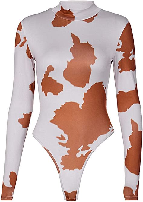 Bodysuits Skinny Cow Print Long Sleeve Women Bodycon Bodysuits Autumn 2020 Fashion Neck Casual