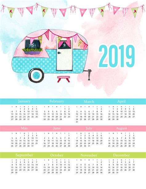 Free Printable 2019 Glamping One Page Calendar The Cottage Market