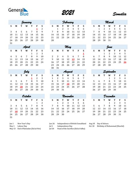2021 Somalia Calendar With Holidays