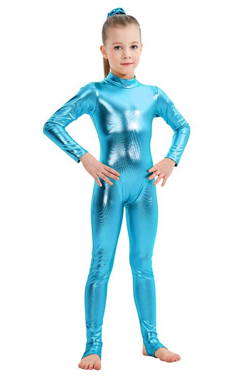Buy Girls Shiny Metallic Long Sleeve Unitard Spandex One Piece Wet Look