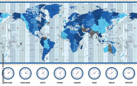 Map Of The World Standard Time Zones In Blue Colors Vector De Stock Adobe Stock