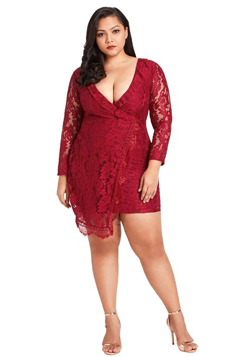 Sexy Burgundy Plus Size Lace Faux Wrap Ruffle Dress Sexy Affordable