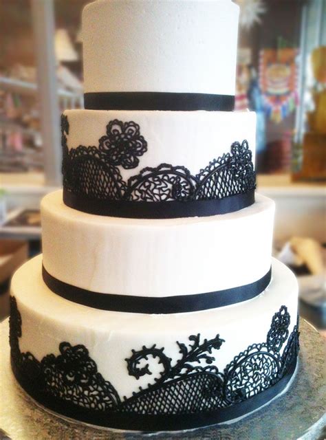 Textured wafer paper wedding cake with colorful sugar flowers. A black lace patterned wedding cake. Cake # 086. (With ...