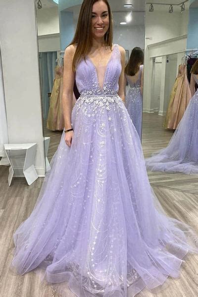 A Line V Neck Tulle Lace Appliques Long Lilac Prom Dress V Neck Lace