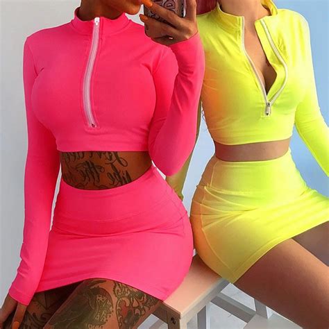 Neon Green Two Piece Skirt Set Women Zipper Collar Long Sleeve Crop Top