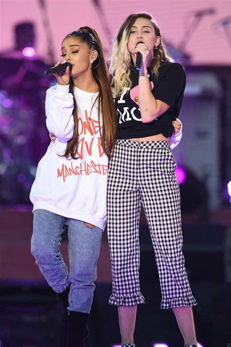 Ariana Grande And Miley Cyrus Performing At One Love Manchester Benefit Concert Miley Cyrus