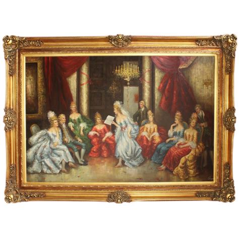 Riesiges Handgemaltes Barock Öl Gemälde Literaturabend Gold Prunk Rahmen 225 X 165 X 10 Cm