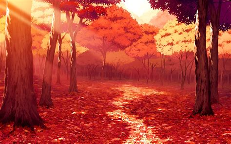 Drawing Artwork Fall Leaves Sunlight Forest Red Anime Wallpapers