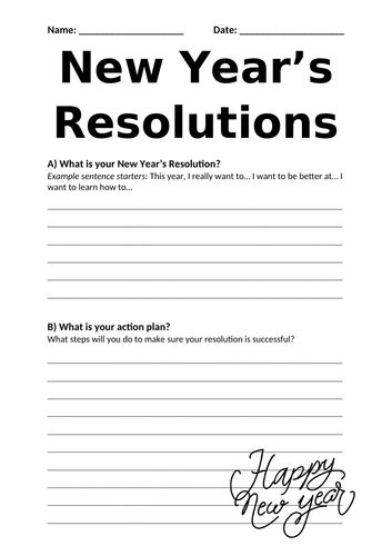 New Years Resolutions Worksheet Teaching Resources