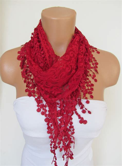 Red Long Scarf With Fringe Winter Fashion Scarf Headband Necklace