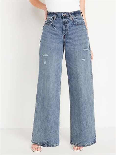 Old Navy Extra High Waisted Ripped Baggy Wide Leg Non Stretch Jeans