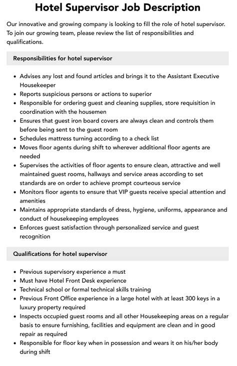 Hotel Supervisor Job Description Velvet Jobs