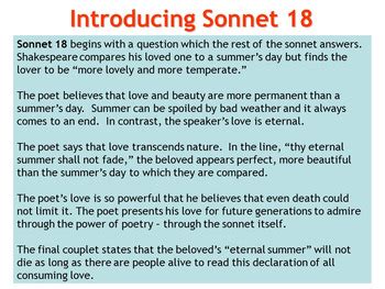 Study questions, discussion questions, essay topics for sonnet 18. Sonnet 18 'Shall I compare thee to a summer's day?' Shakespeare resources