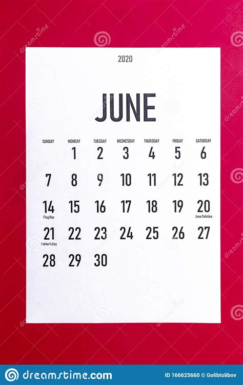 June 2020 Calendar With Holidays Stock Photo Image Of Seasons Paper