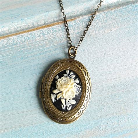 Cameo Locket Necklaceantique Bronze Locket With Black And White Floral