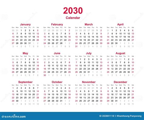 Calendar 2030 12 Months Yearly Vector Calendar In Year 2030