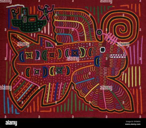 Mola Textile By Kuna Indian Artist Depicting A Spouting Whale Being