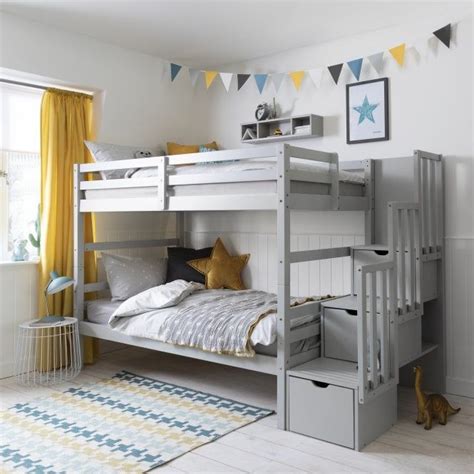 For a chic pink and gray bedroom, pair an upholstered gray bed frame with pink bedding or a beautiful pink rug. Maya Bunk Bed in Grey in 2020 | Bunk beds, Bunk bed steps, Childrens bedroom furniture