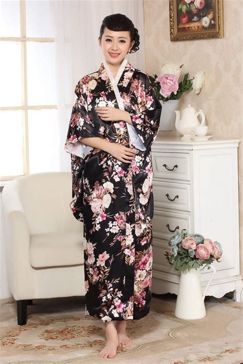 new arrival black vintage japanese ladies silk satin kimono yukata evening dress peafowl one