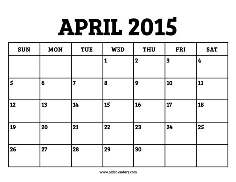 Calendar April 2015 Printable Old Calendars