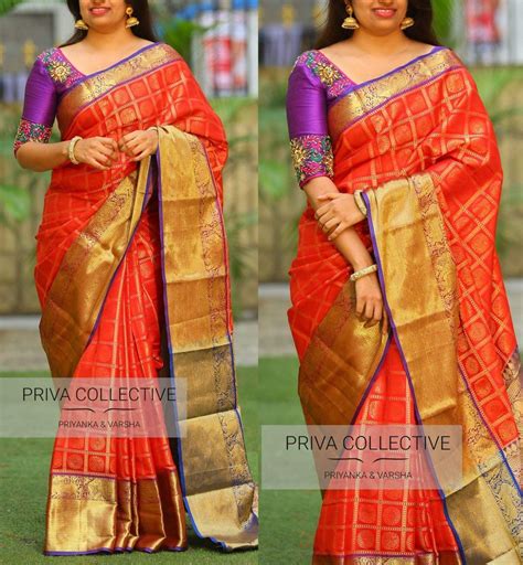 zari weaved checks saree with contrast border with golden colour mix and contrast blouse silk