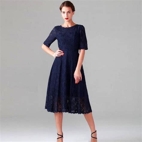 Navy Blue Lace Tea Length Mother Of The Bride Dress 2016 Plus Size