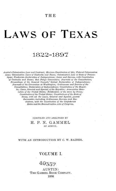 The Laws Of Texas 1822 1897 Volume 1 Page A The Portal To Texas