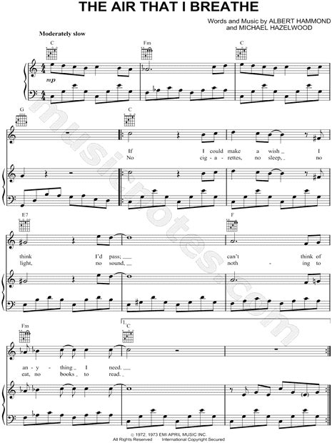 The Hollies The Air That I Breathe Sheet Music In C Major