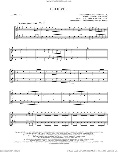 Believer Sheet Music For Two Alto Saxophones Duets Pdf