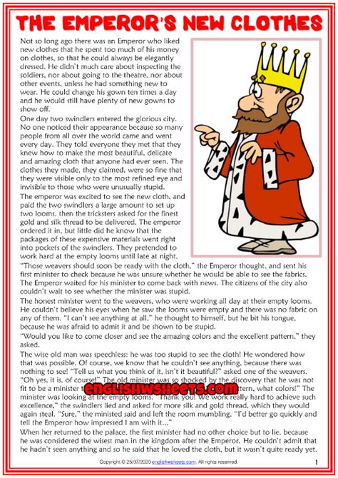 Short kid stories is the best place online to find hundreds of short stories for kids. The Emperor's New Clothes ESL Reading Text Worksheet For Kids