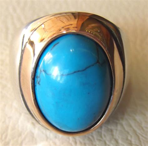 Turquoise Heavy Sterling Silver Men Ring Blue Oval Arab Etsy