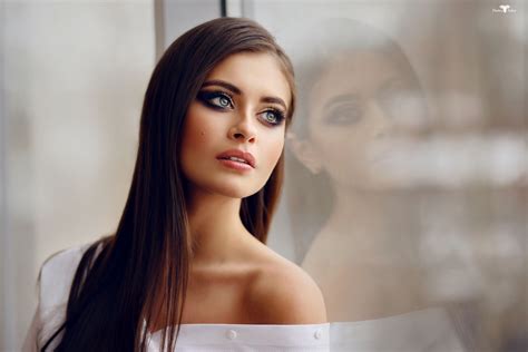 Wallpaper Dmitry Arhar Long Hair Window Reflection Makeup Women
