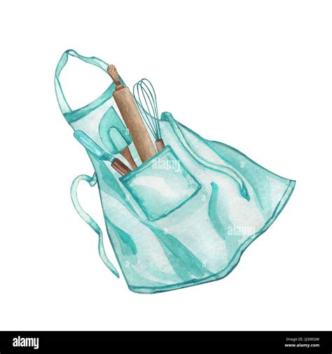 Baking Watercolor Illustration With Kitchen Utensils Inside A Apron On White Background Top