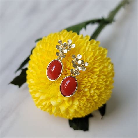 Flower Red Coral Earrings Natural Aka Corals 14k Yellow Etsy