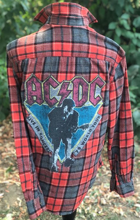 Upcycled Flannel Shirt Red Gray Black Plaid With Acdc Etsy In 2023