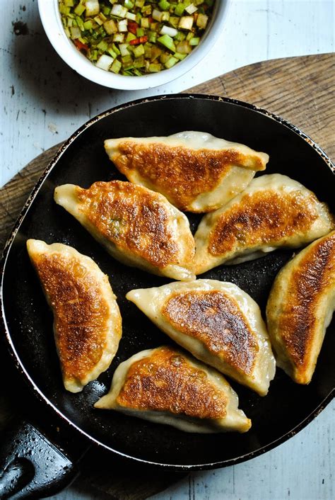 Crispy Pot Stickers Chinese Dumplings With Spicy Mushroom And Spinach