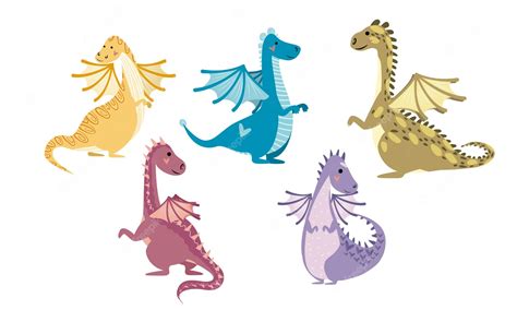 Conjunto De Dragones De Dibujos Animados Multicolores Brillantes En