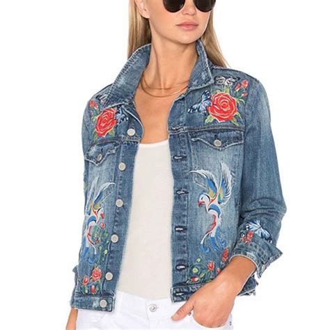 2018 New Spring Autumn Womens Flower Embroidered Denim Jacket For