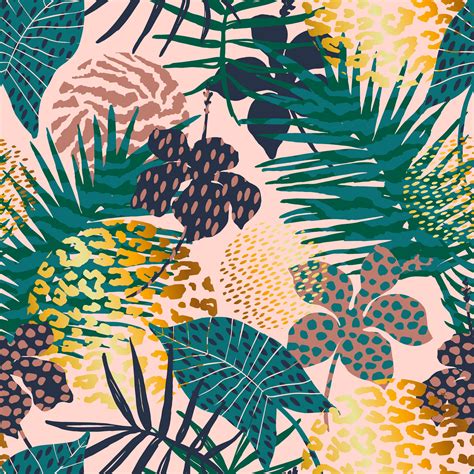 Trendy Seamless Exotic Pattern With Palm Animal Prints And Hand Drawn