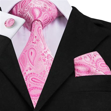 High Quality Ties For Men Pink Paisley Tie Hanky Cufflinks Set