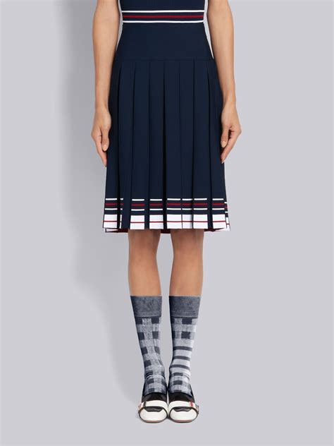 Navy Viscose Double Cricket Stripe Box Pleat Knee Length Skirt Thom